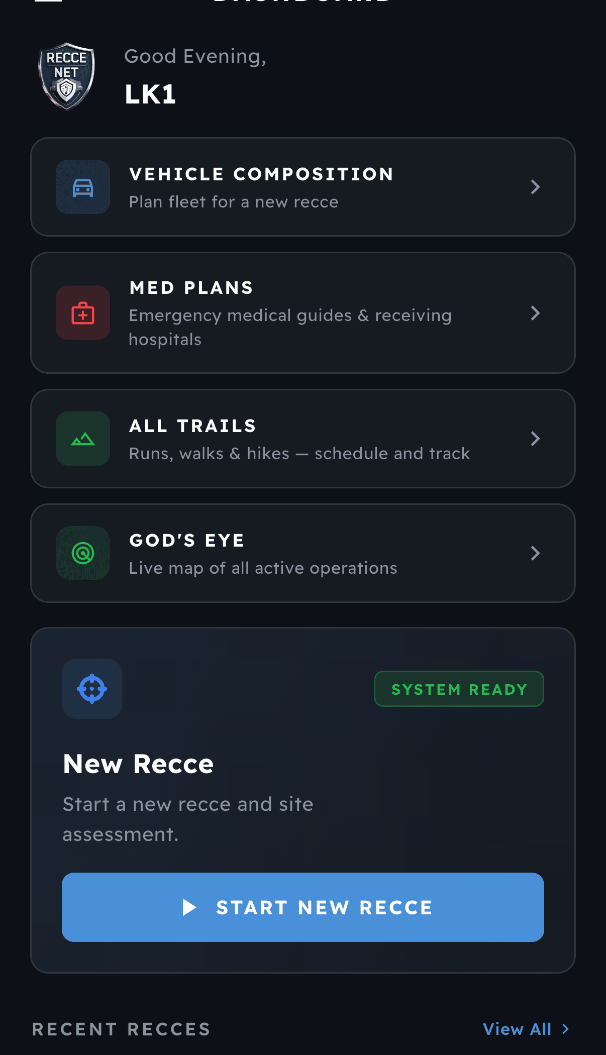 The Recce Net field app dashboard