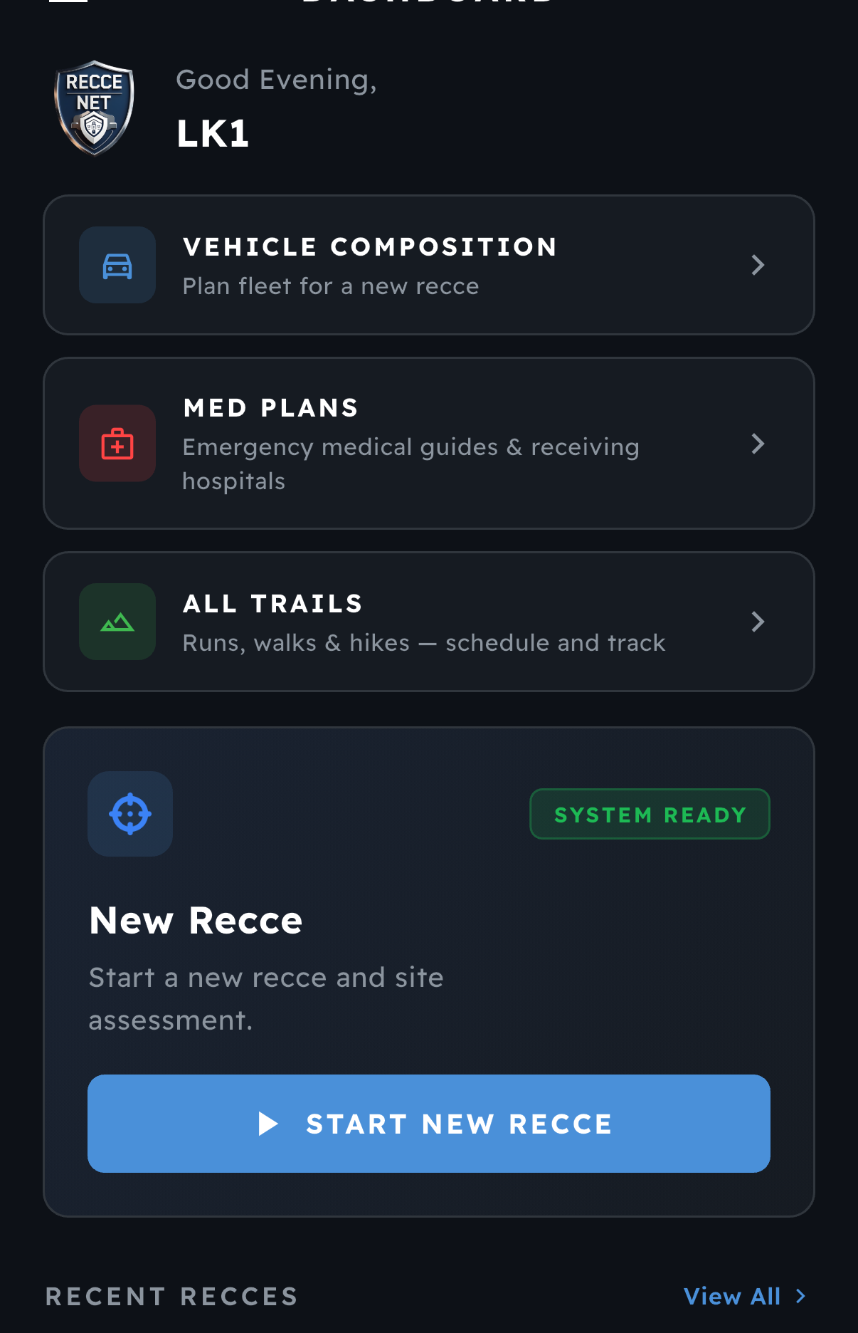 The Recce Net field app — dashboard with vehicle composition, medical plans, trails and a new recce